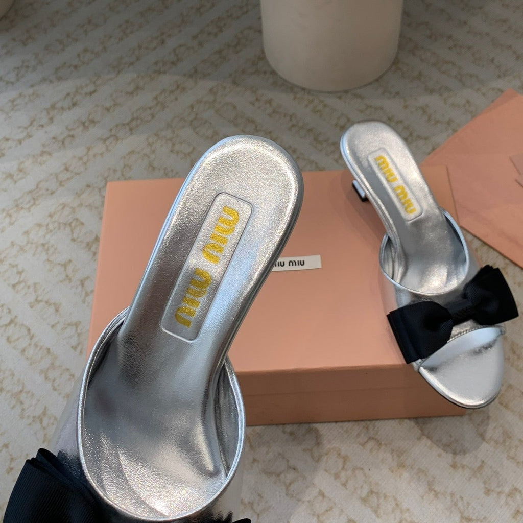 Silver Mid - Heels With Black Bow Calfskin