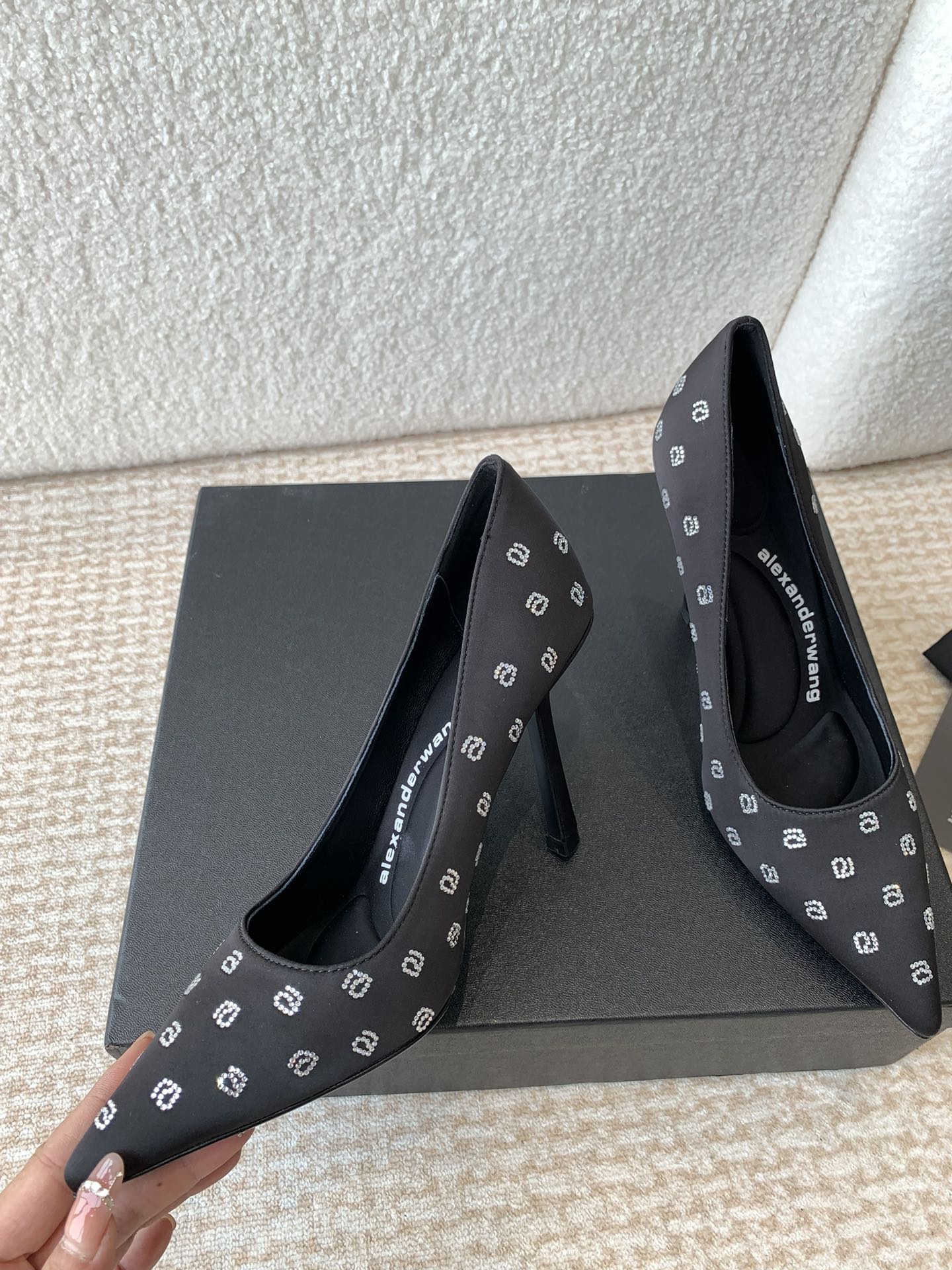 DELPHINE CRYSTAL-EMBELLISHED BLACK SILK PUMPS
