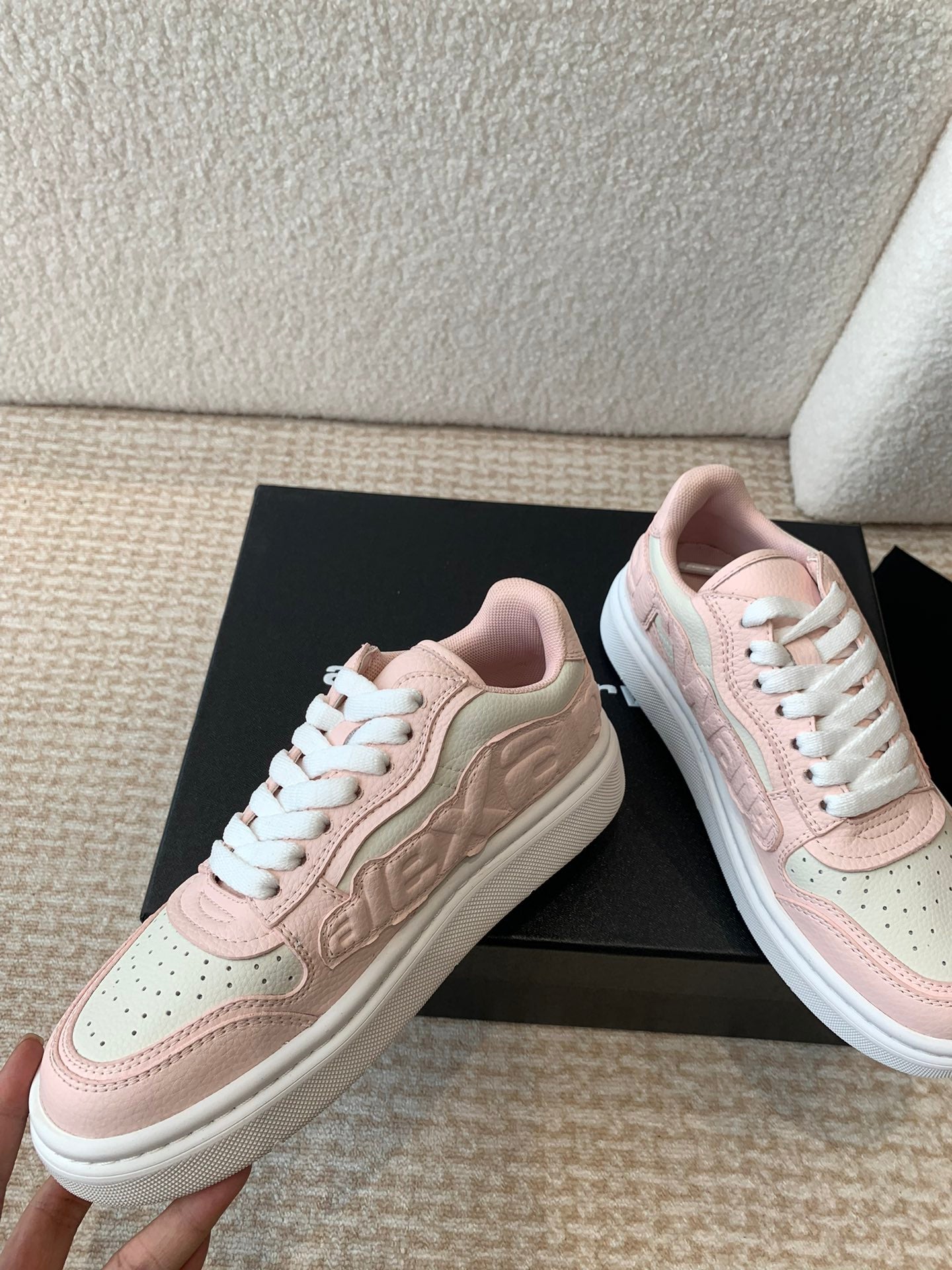 SNEAKER WITH LOGO IN BLUSH PINK MIX BEIGE PUFF PEBBLE LEATHER