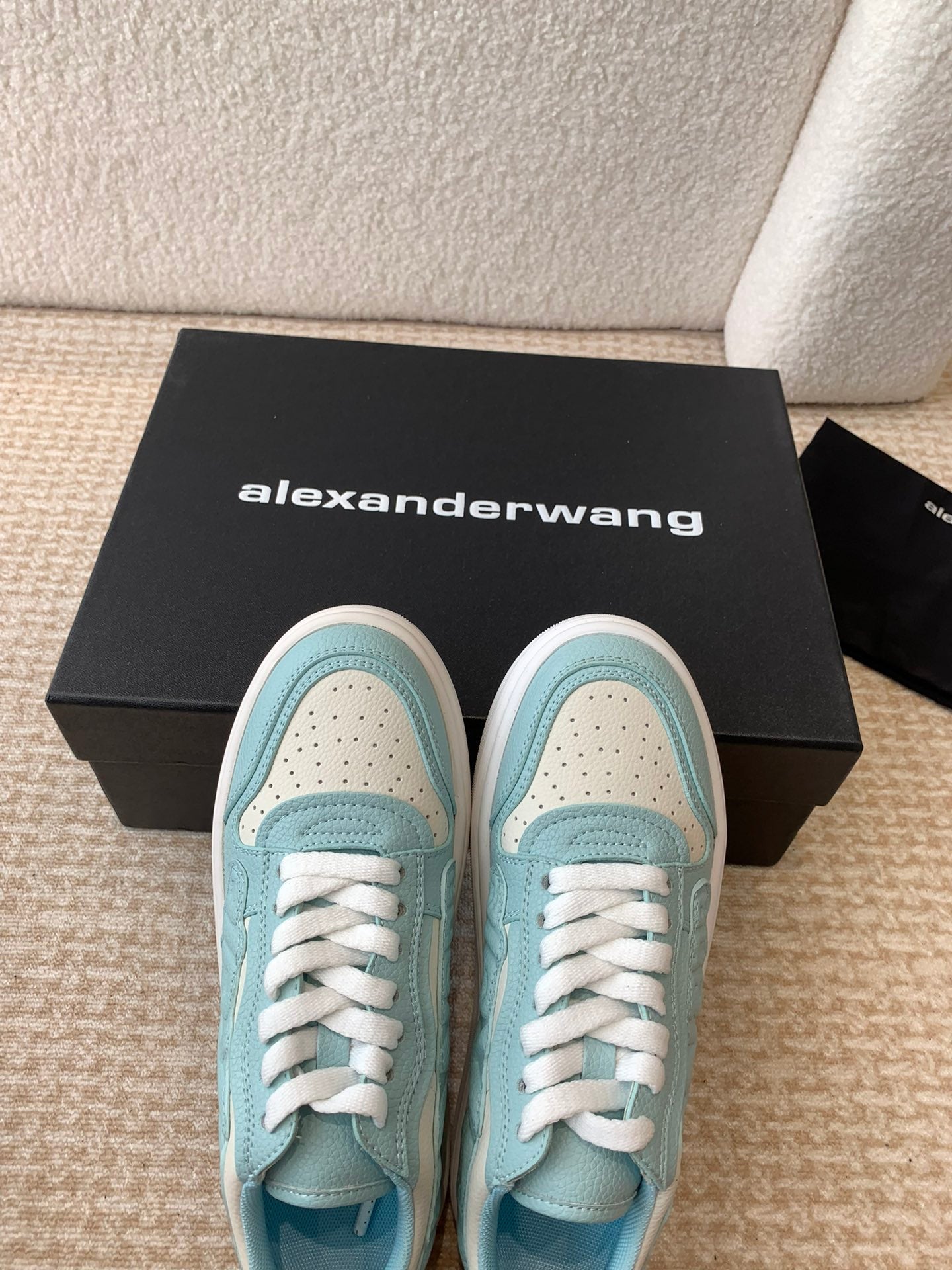SNEAKER WITH LOGO IN SKY BLUE MIX BEIGE PUFF PEBBLE LEATHER
