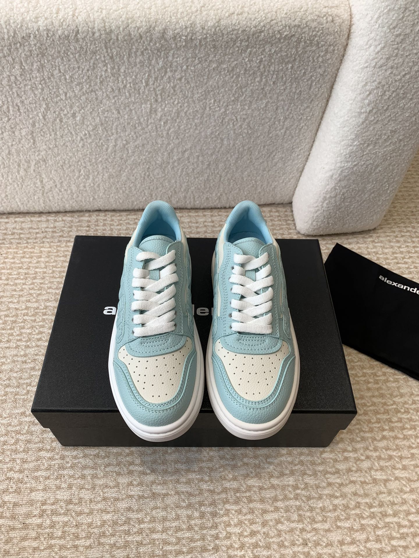 SNEAKER WITH LOGO IN SKY BLUE MIX BEIGE PUFF PEBBLE LEATHER