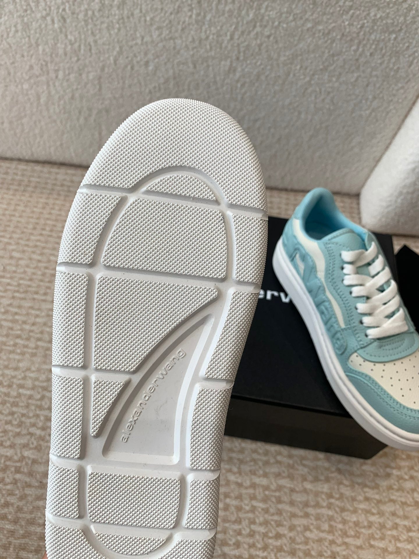 SNEAKER WITH LOGO IN SKY BLUE MIX BEIGE PUFF PEBBLE LEATHER