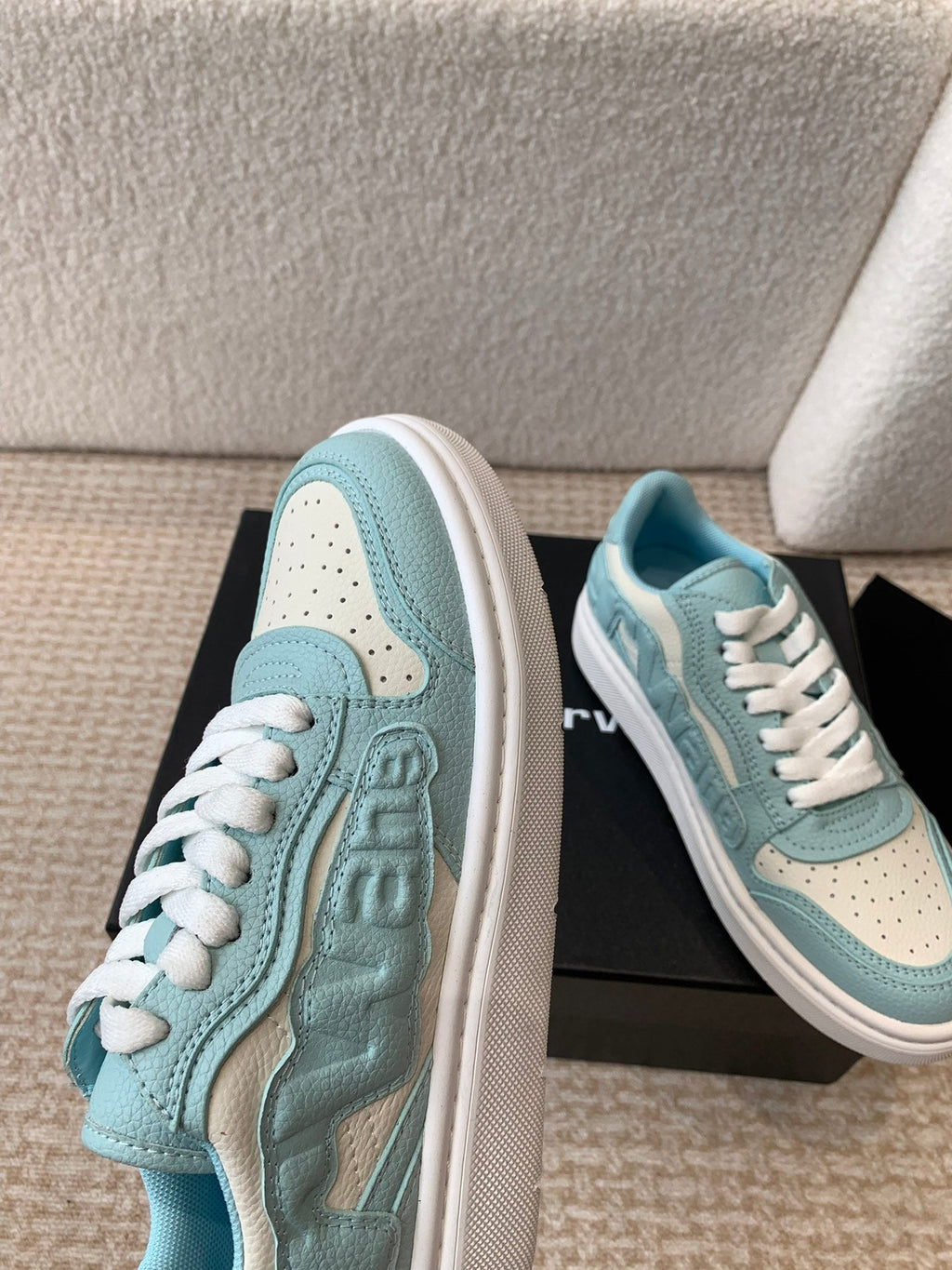 SNEAKER WITH LOGO IN SKY BLUE MIX BEIGE PUFF PEBBLE LEATHER