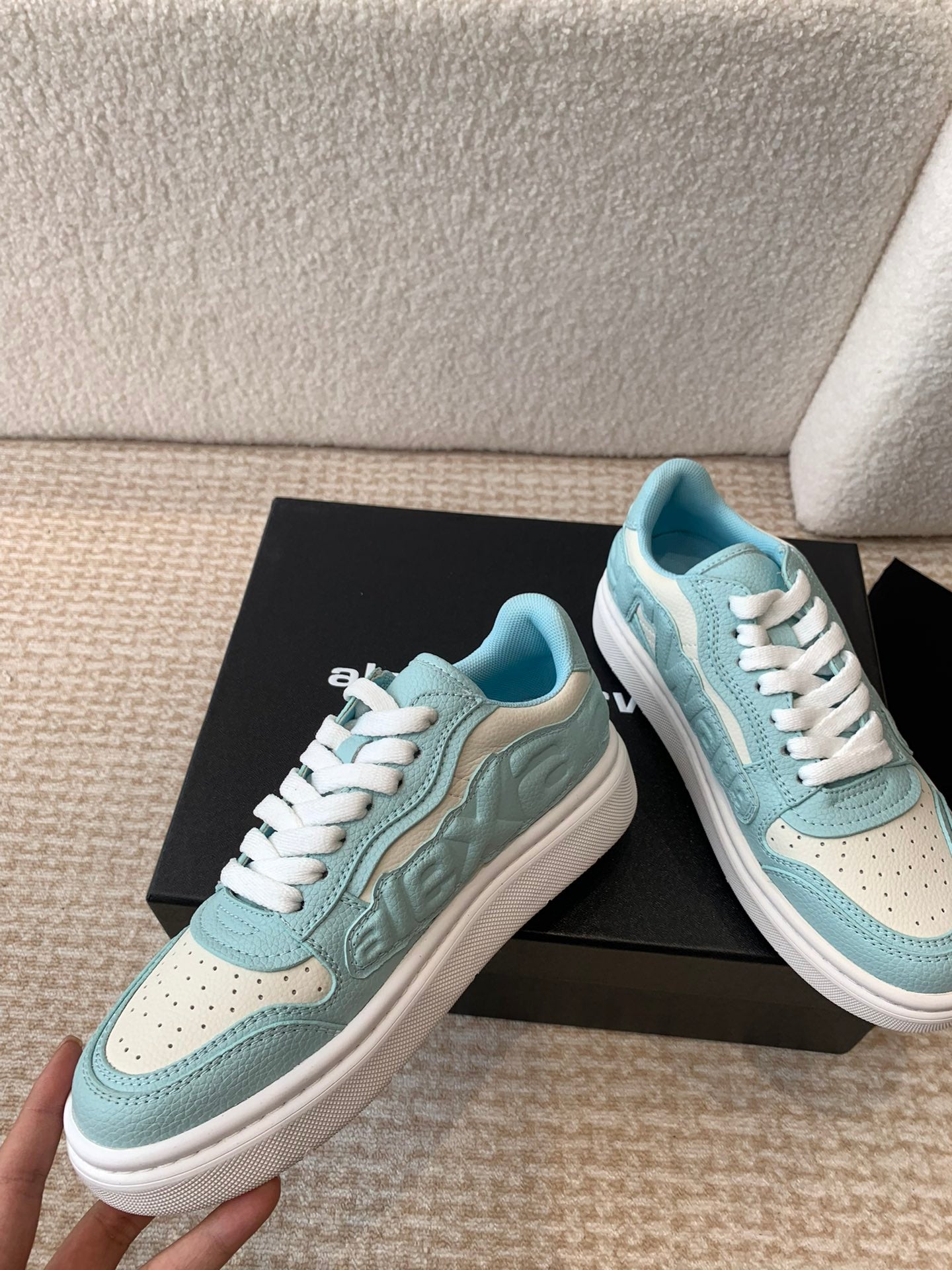 SNEAKER WITH LOGO IN SKY BLUE MIX BEIGE PUFF PEBBLE LEATHER