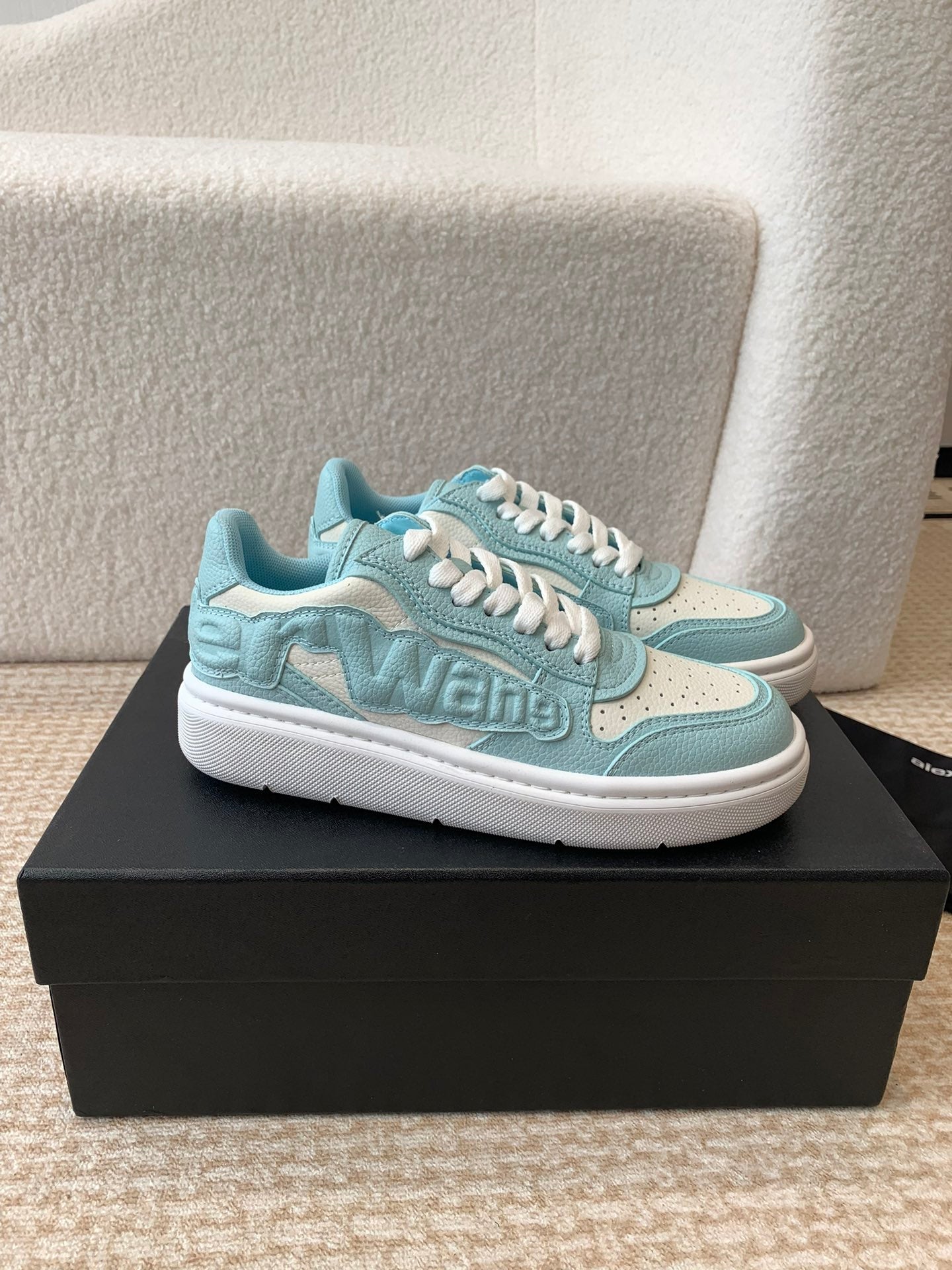 SNEAKER WITH LOGO IN SKY BLUE MIX BEIGE PUFF PEBBLE LEATHER