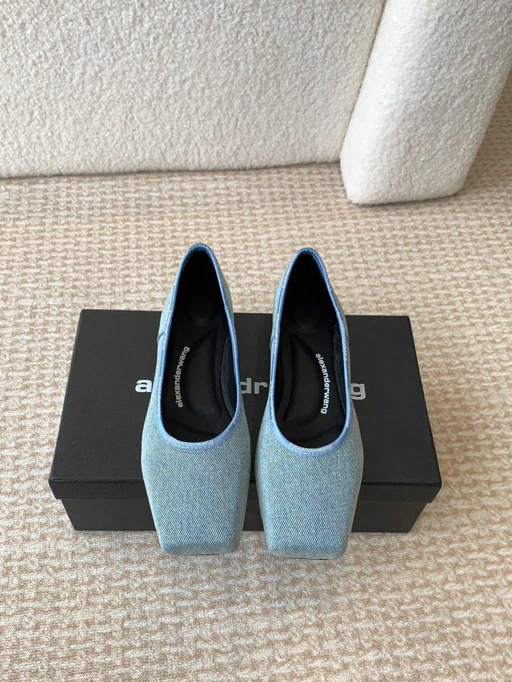SQUARE-TOE BALLET FLAT IN LIGHT BLUE DENIM FABRIC