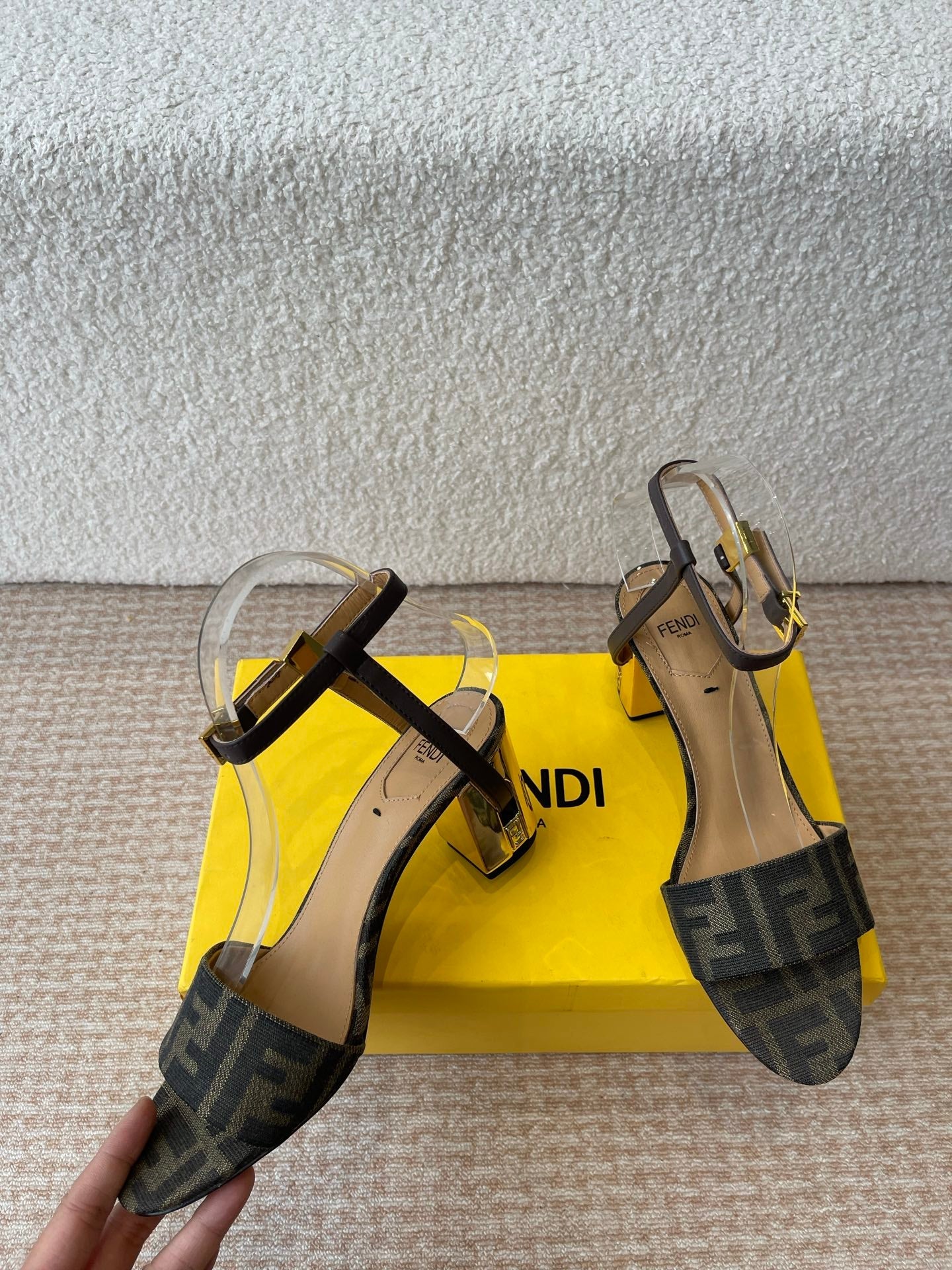 FF FIRST HIGH-HEEL 70MM IN KHAKI FABRIC AND CALFSKIN