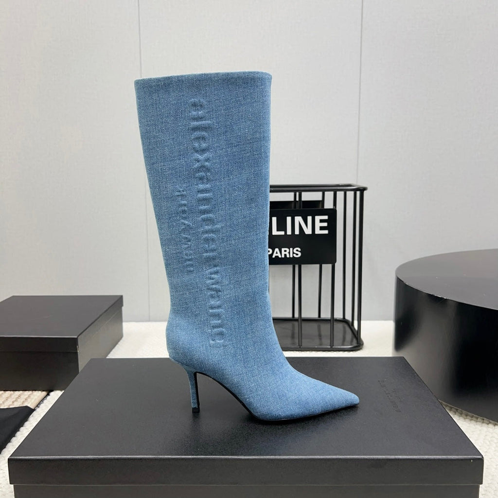 KNEE HIGH BOOTS 85 MM IN CERULEAN BLUE DENIM FABRIC