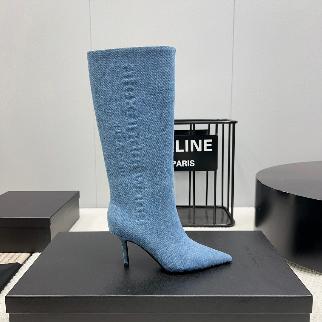 KNEE HIGH BOOTS 85 MM IN CERULEAN BLUE DENIM FABRIC