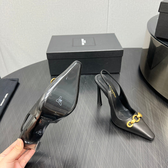 GOLD CHAIN ATTACHED HIGH SLINGBACK IN BLACK SMOOTH LAMBSKIN