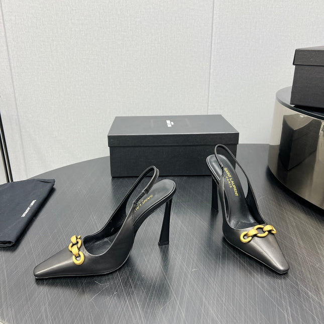 GOLD CHAIN ATTACHED HIGH SLINGBACK IN BLACK SMOOTH LAMBSKIN