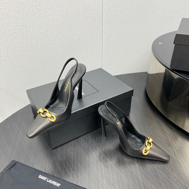 GOLD CHAIN ATTACHED HIGH SLINGBACK IN BLACK SMOOTH LAMBSKIN