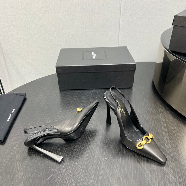 GOLD CHAIN ATTACHED HIGH SLINGBACK IN BLACK SMOOTH LAMBSKIN