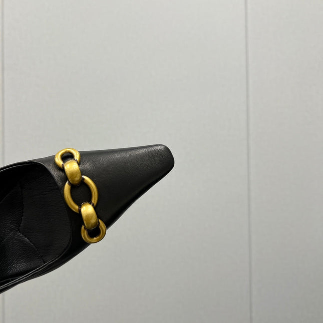 GOLD CHAIN ATTACHED HIGH SLINGBACK IN BLACK SMOOTH LAMBSKIN