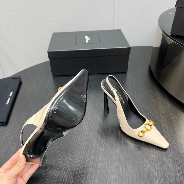 GOLD CHAIN ATTACHED HIGH SLINGBACK IN CREAM GLOSSY CALFSKIN