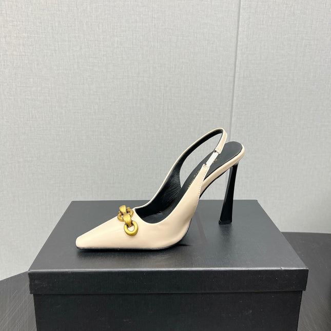 GOLD CHAIN ATTACHED HIGH SLINGBACK IN CREAM GLOSSY CALFSKIN