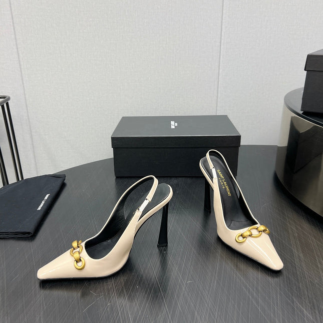 GOLD CHAIN ATTACHED HIGH SLINGBACK IN CREAM GLOSSY CALFSKIN