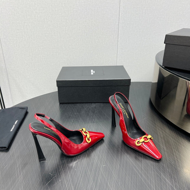 GOLD CHAIN ATTACHED HIGH SLINGBACK IN RED GLOSSY CALFSKIN