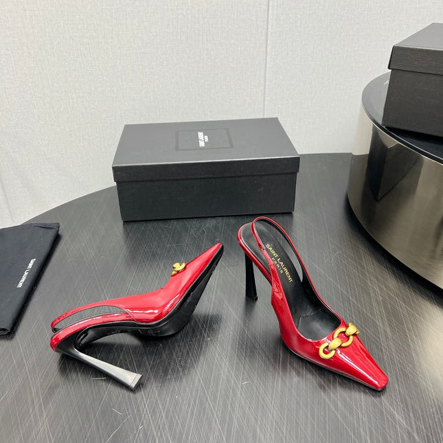 GOLD CHAIN ATTACHED HIGH SLINGBACK IN RED GLOSSY CALFSKIN