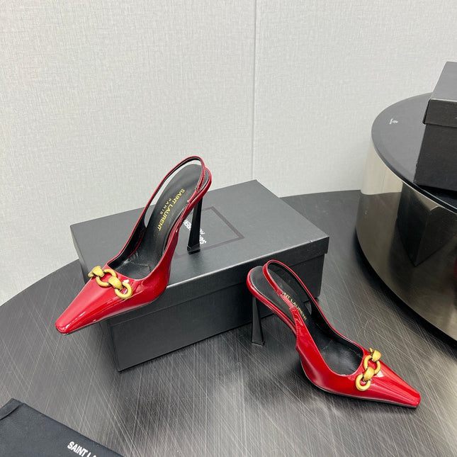GOLD CHAIN ATTACHED HIGH SLINGBACK IN RED GLOSSY CALFSKIN