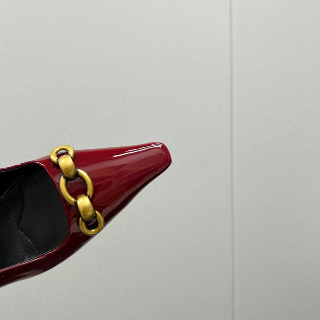 GOLD CHAIN ATTACHED HIGH SLINGBACK IN RED GLOSSY CALFSKIN