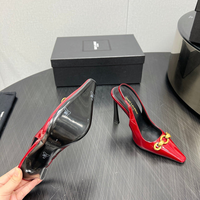 GOLD CHAIN ATTACHED HIGH SLINGBACK IN RED GLOSSY CALFSKIN