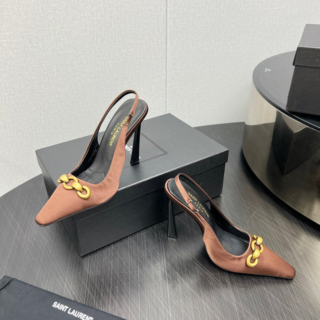 GOLD CHAIN ATTACHED HIGH SLINGBACK IN TOFFEE BROWN SILK