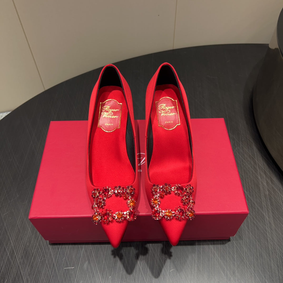 ROGER VIVIER 25S POINTED TOE HIGH HEELS 70MM IN BRIGHT RED SILK EMBELLISHED CRYSTALS