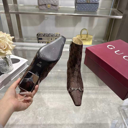 GUCCI 26S HORSEBIT ANKLE BOOTS 55 MM IN DARK BROWN GG CANVAS
