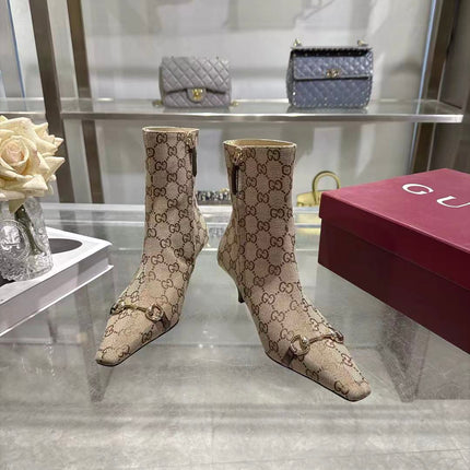 GUCCI 26S HORSEBIT ANKLE BOOTS 55 MM IN BEIGE GG CANVAS