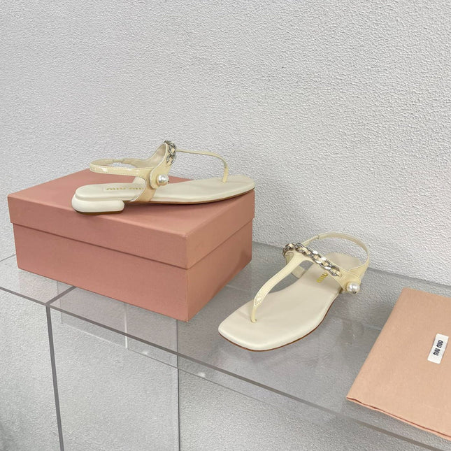 Pearl Chain Flip-Flops Apricot Color Leather