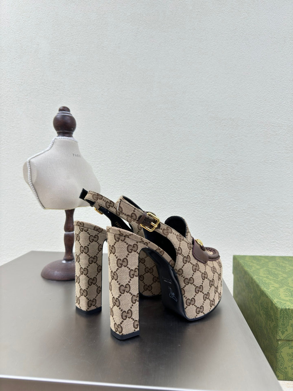 GG WOMEN'S HORSEBIT PLATFORM LOAFER SLINGBACK IN TAN BEIGE CANVAS