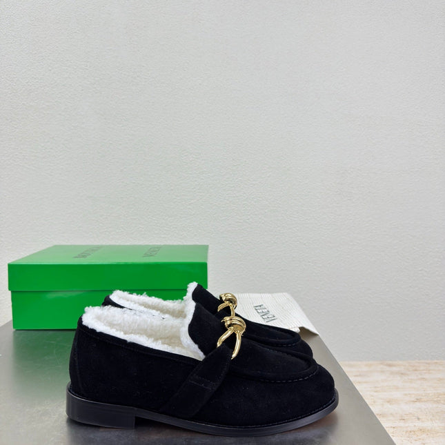 BOTTEGA VENETA 26S LOAFERS IN BLACK SUEDE AND WHITE WOOL WITH GOLD HARDWARE