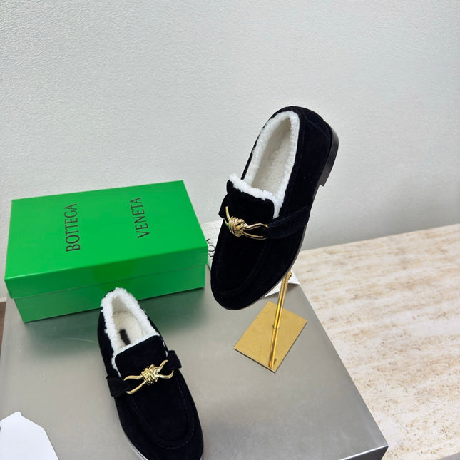 BOTTEGA VENETA 26S LOAFERS IN BLACK SUEDE AND WHITE WOOL WITH GOLD HARDWARE