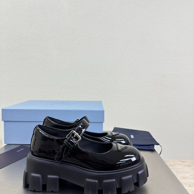 PRADA 25S PLATFORM MARY JANE SHOES IN BLACK GLOSSY CALFSKIN STYLE 2
