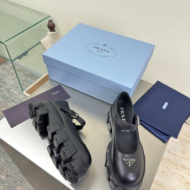 PRADA 25S PLATFORM MARY JANE SHOES IN BLACK CALFSKIN STYLE 1