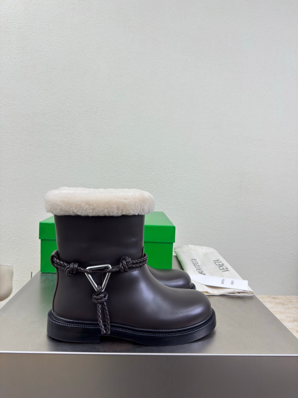 BOTTEGA VENETA 26S FUR-LINED BOOTS IN DARK BROWN CALFSKIN AND WHITE WOOL