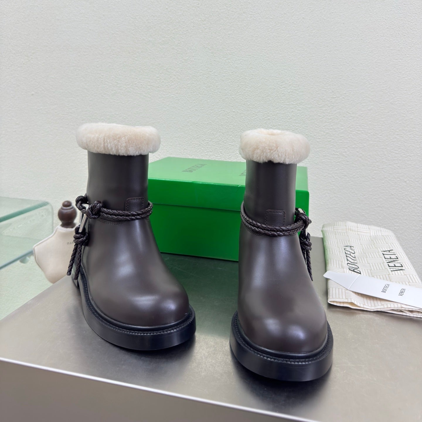 BOTTEGA VENETA 26S FUR-LINED BOOTS IN DARK BROWN CALFSKIN AND WHITE WOOL