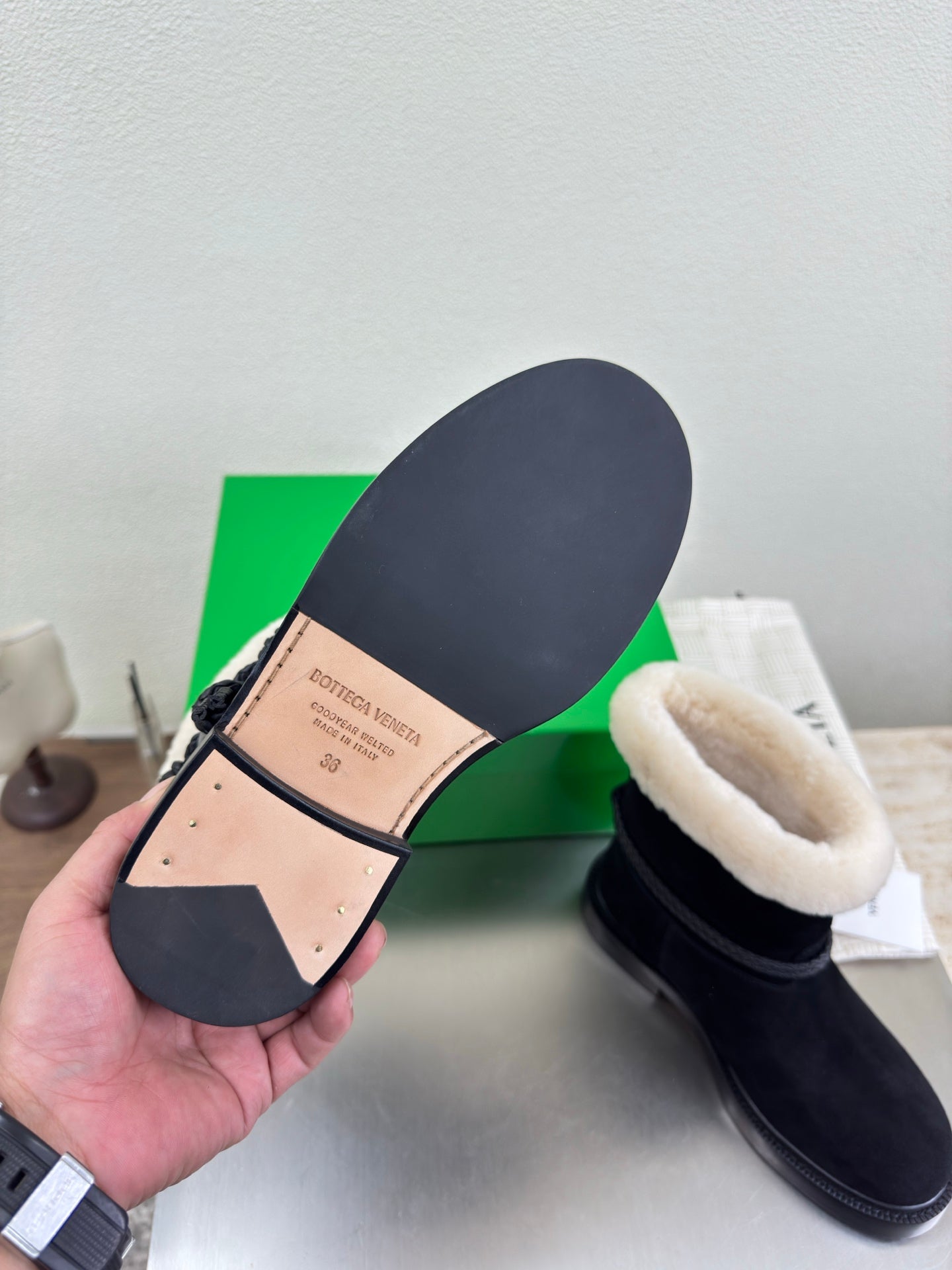 BOTTEGA VENETA 26S FUR-LINED BOOTS IN BLACK SUEDE AND WHITE WOOL