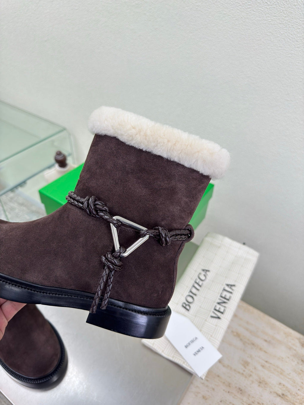 BOTTEGA VENETA 26S FUR-LINED BOOTS IN DARK BROWN SUEDE AND WHITE WOOL