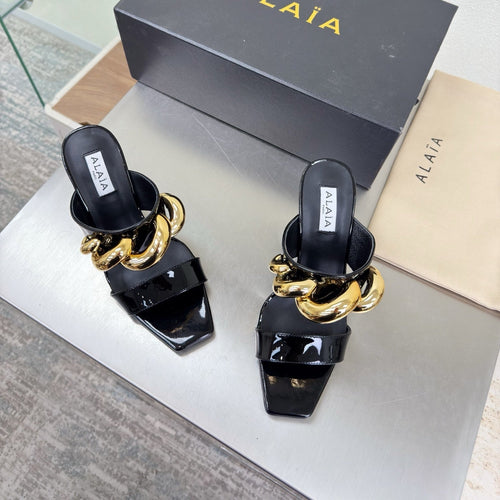 ALAIA 26S DOUBLE STRAP WEDGE SANDALS 110 MM IN BLACK GLOSSY CALFSKIN WITH GOLD HARDWARE
