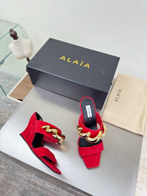 ALAIA 26S DOUBLE STRAP WEDGE SANDALS 110 MM IN RED SUEDE WITH GOLD HARDWARE