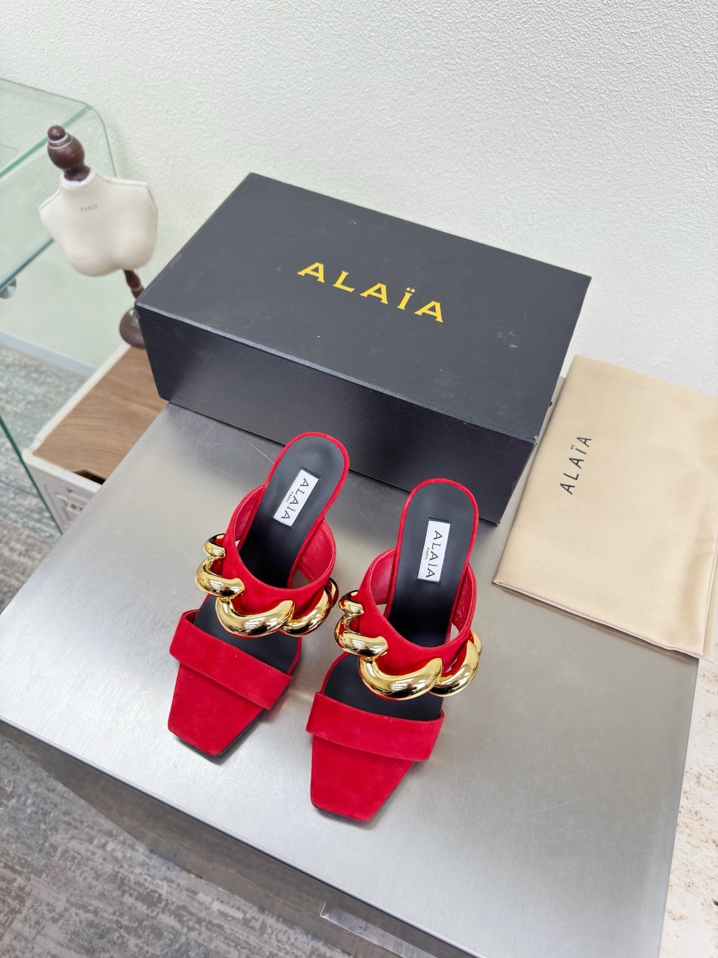 ALAIA 26S DOUBLE STRAP WEDGE SANDALS 110 MM IN RED SUEDE WITH GOLD HARDWARE