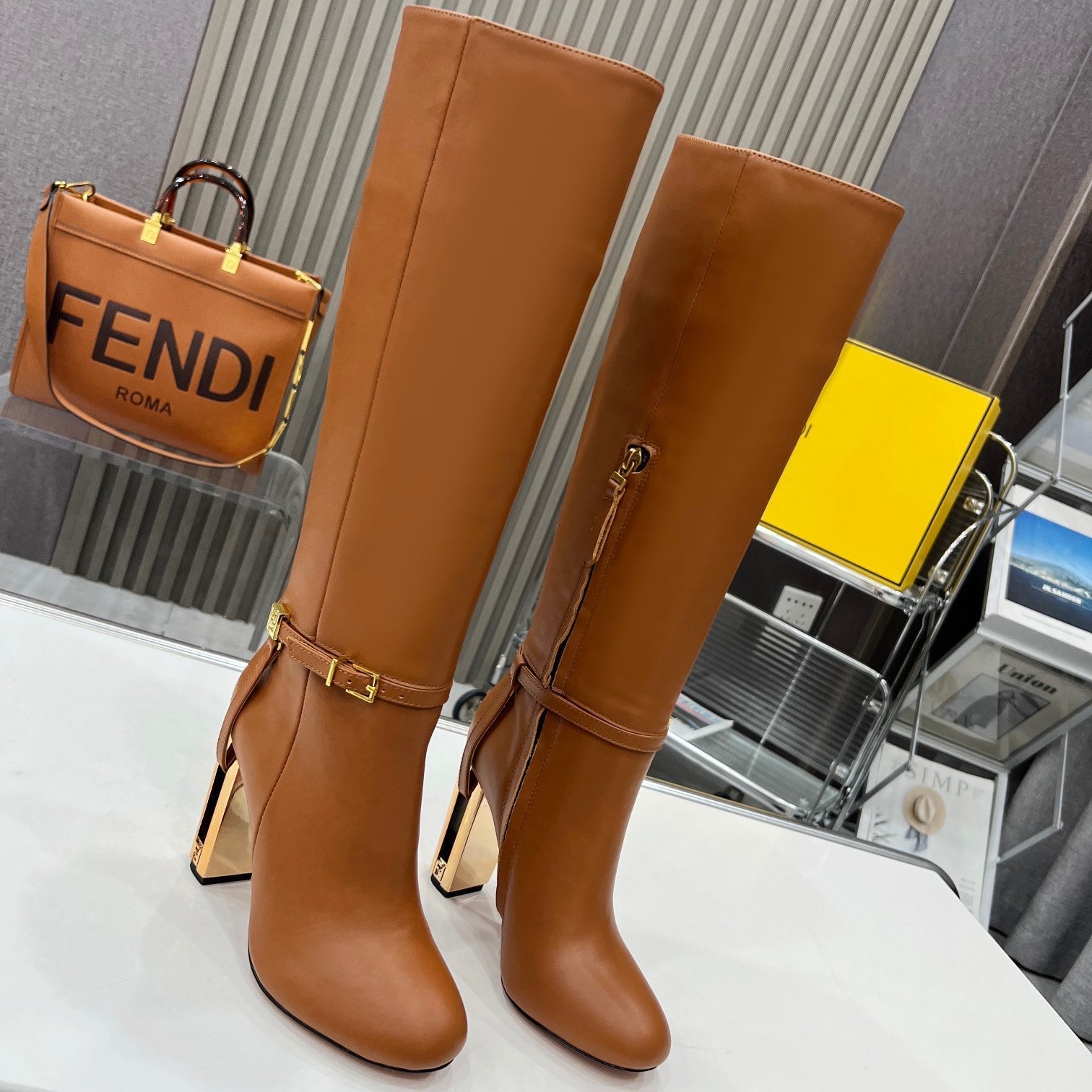 FF HIGH BOOTS IN TAWNY BROWN CALFSKIN GOLD HARDWARE