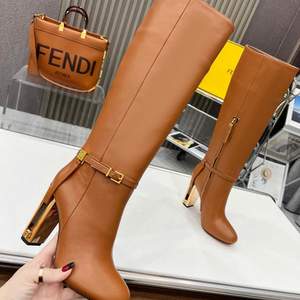 FF HIGH BOOTS IN TAWNY BROWN CALFSKIN GOLD HARDWARE