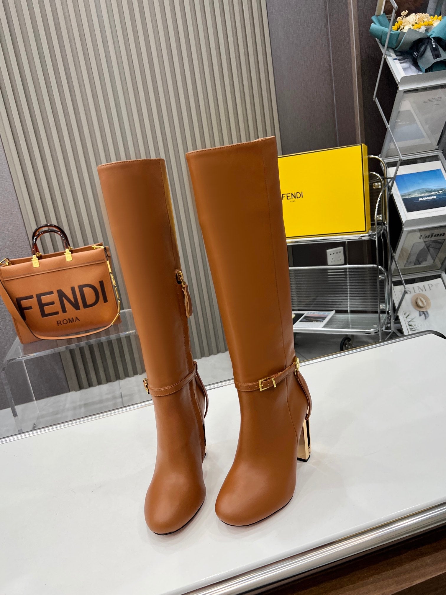 FF HIGH BOOTS IN TAWNY BROWN CALFSKIN GOLD HARDWARE