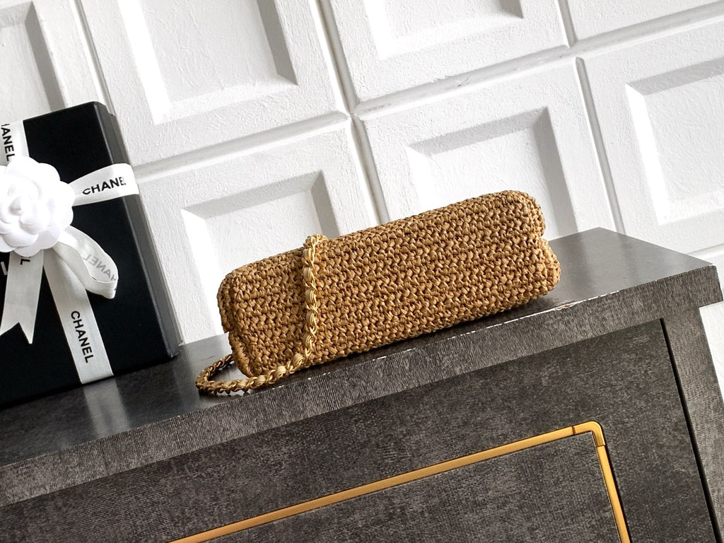 CHANEL 26S TOP HANDLE BAG 19 IN NATURAL RAFFIA AND CALFSKIN GOLD HARDWARE