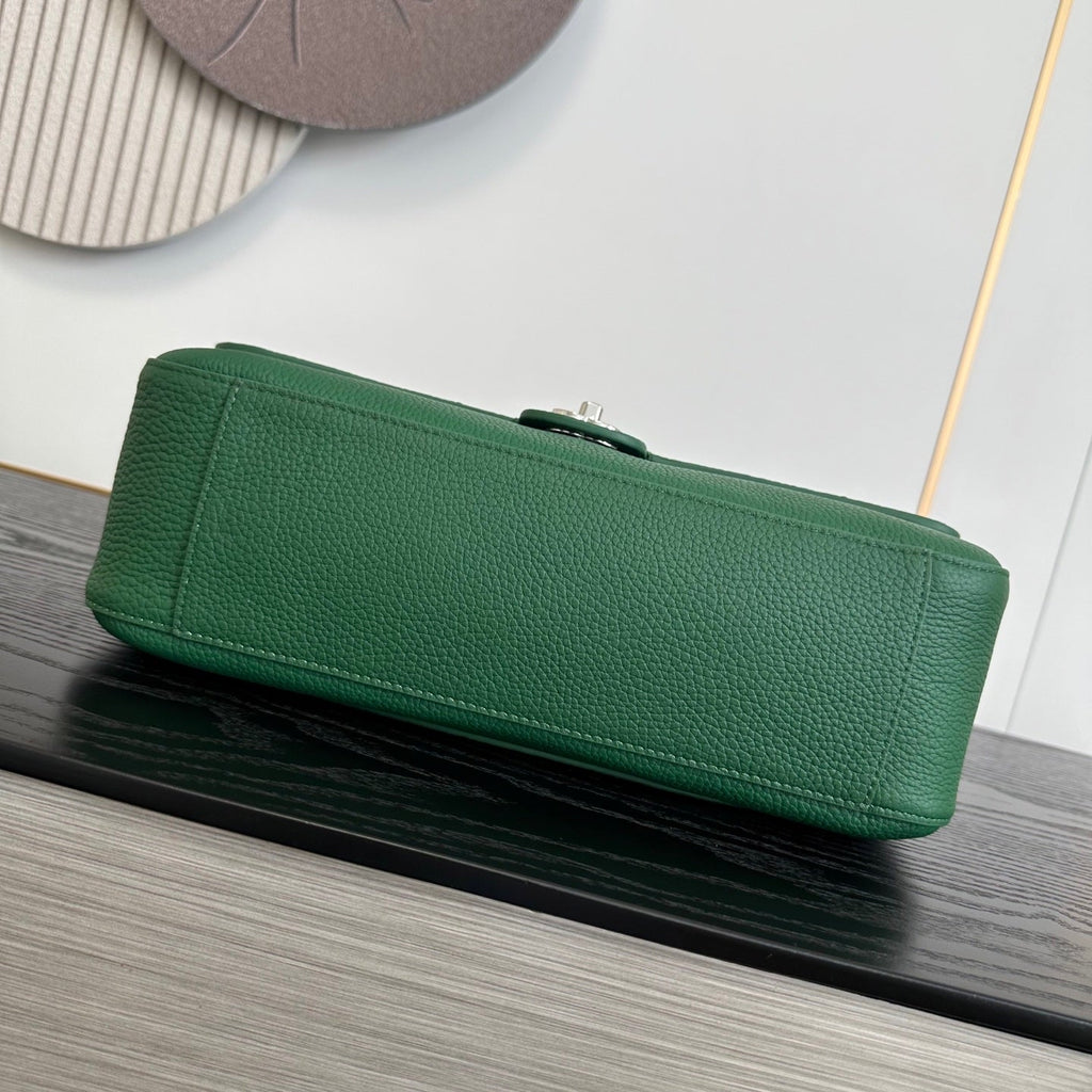 CHANEL 26S MAXI FLAP BAG 32 IN GREEN GRAINED CALFSKIN SILVER HARDWARE