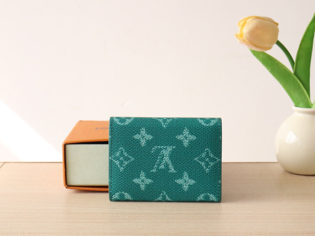 LV 25S ENVELOPE BUSINESS CARD HOLDER 10 IN DEEP TEAL MONOGRAM HERITAGE COATED CALFSKIN
