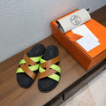 HM 26S KAZIMIR SANDAL IN CARAMEL BROWN CALFSKIN AND LIME GREEN FABRIC